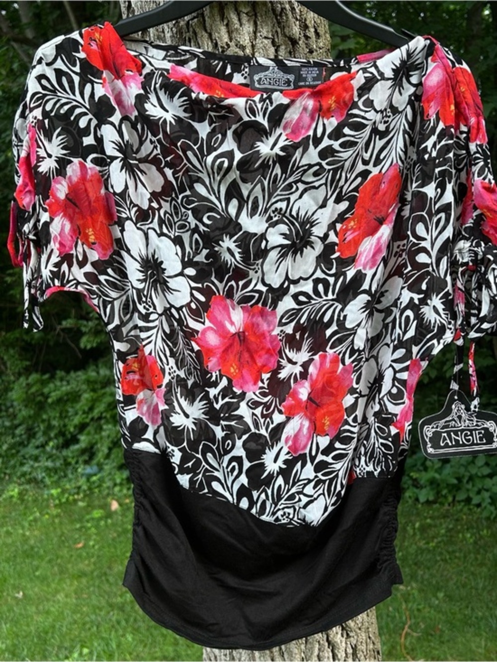 Vintage Y2K Deadstock Tropical Floral Ruched Blouse Sheer Rayon Top